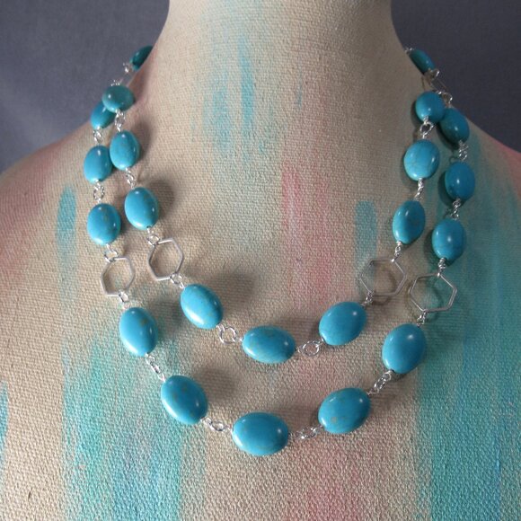 Turquoise Magnasite Necklace, Multi Strand Wrapped Wire Chain - Picture 2 of 6